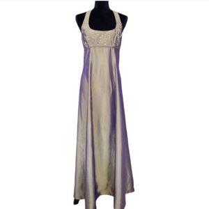 Beige with purple iridescent sheen empire waist halter sleeveless long Gown